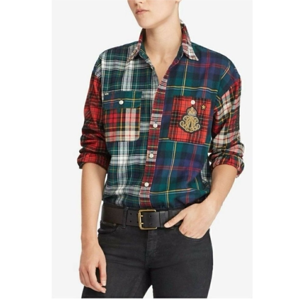 Rare ✨ Polo Ralph Lauren Flannel Patchwork Crest Button Down with Patches Small - Picture 2 of 7